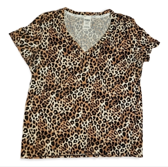Victoria's Secret PINK Leopard Print Tee Shirt Short Sleeve V Neck Tshirt - Picture 2 of 5